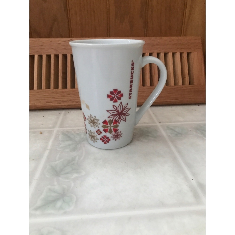 Starbucks christmas Narrow Tall coffee mugs pointsetta & snowflakes red and tan